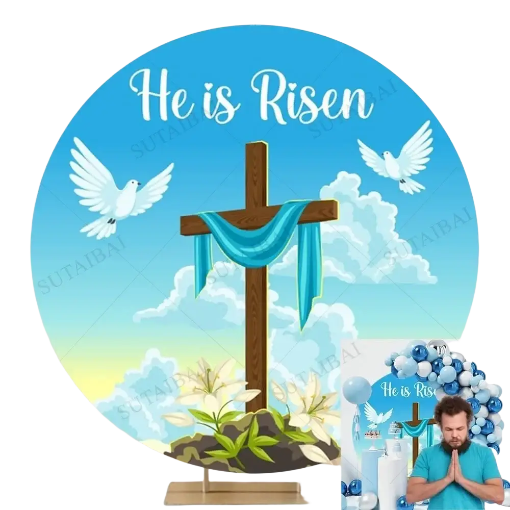 Blue and white easter he is risen round backdrop featuring a wooden cross with fabric drapes doves and lilies at base
