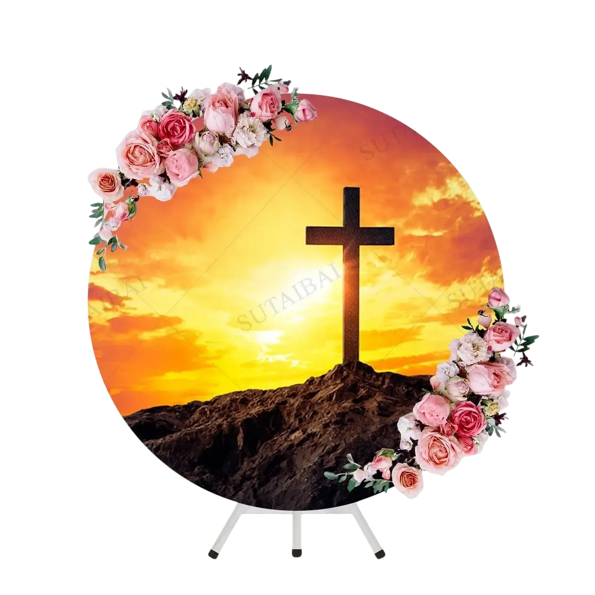 Easter he is risen round backdrop with black cross on mountain sunset and pink roses for resurrection decor