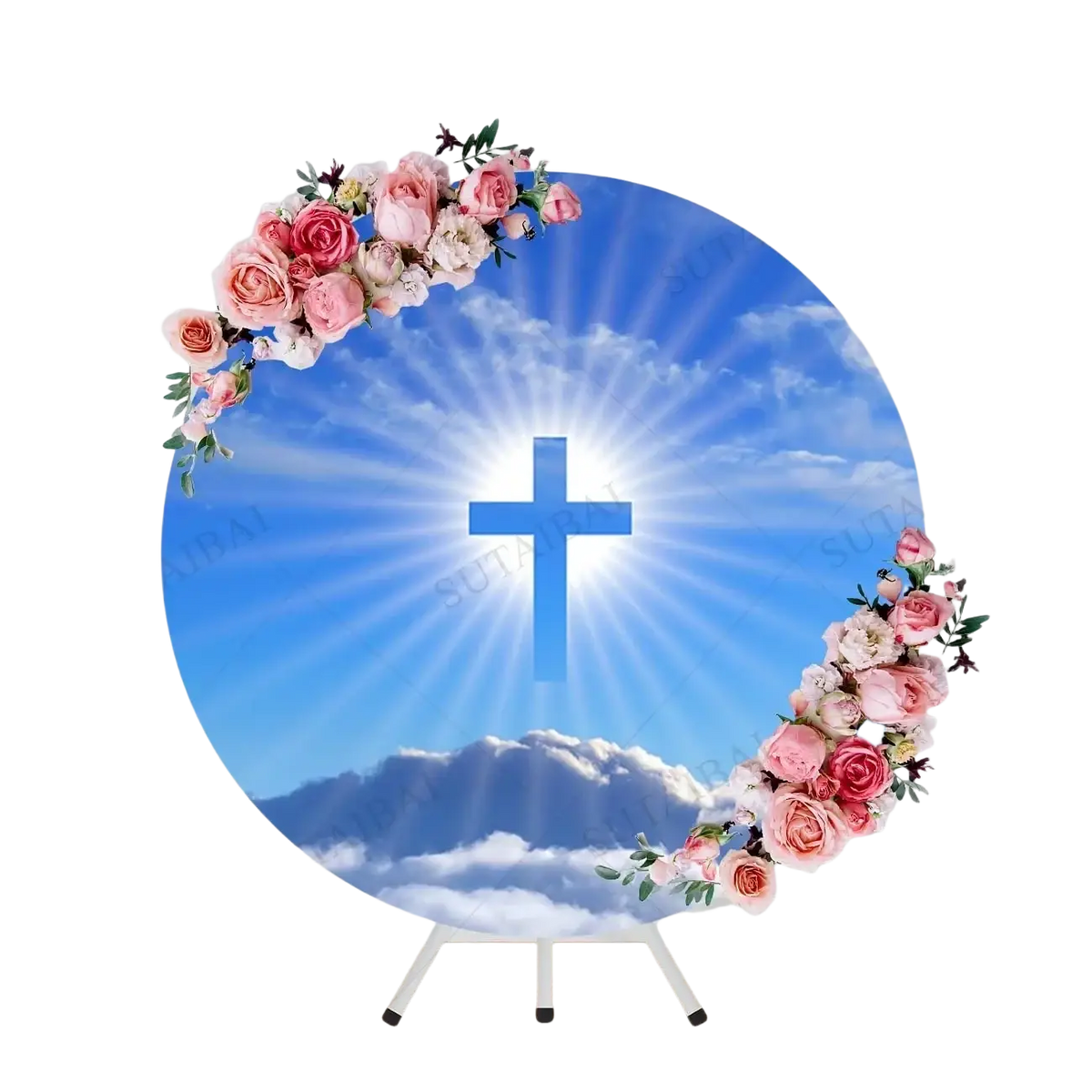 Easter he is risen round backdrop with blue sky sun rays cross and pink roses for resurrection decor