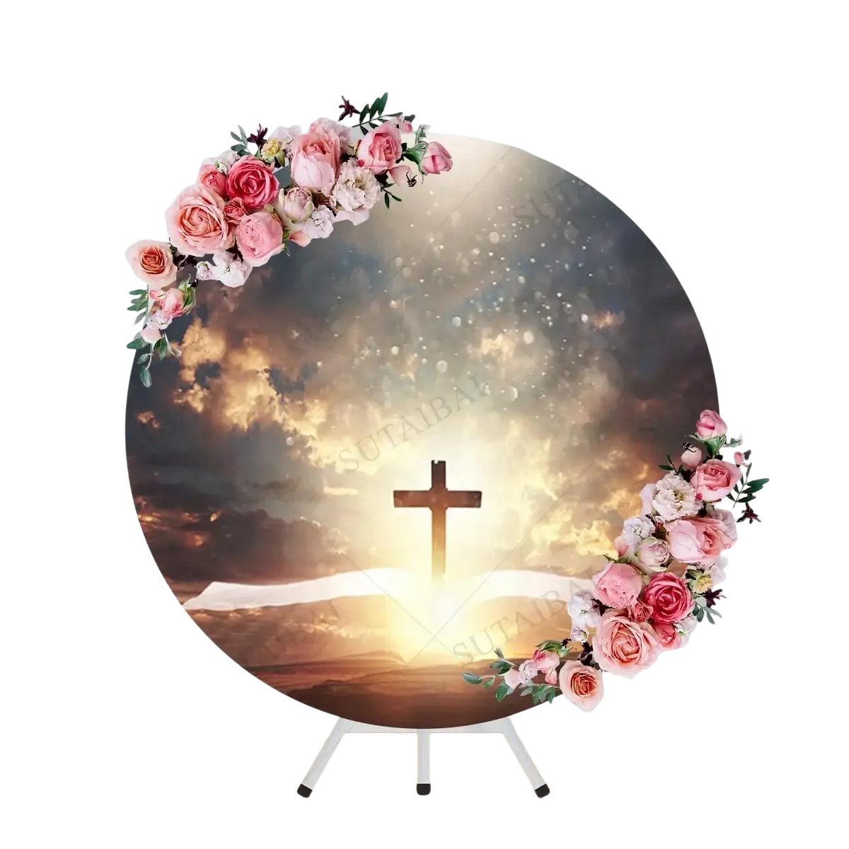 Easter he is risen round backdrop featuring a cross over an open book with pink and white roses against a sky