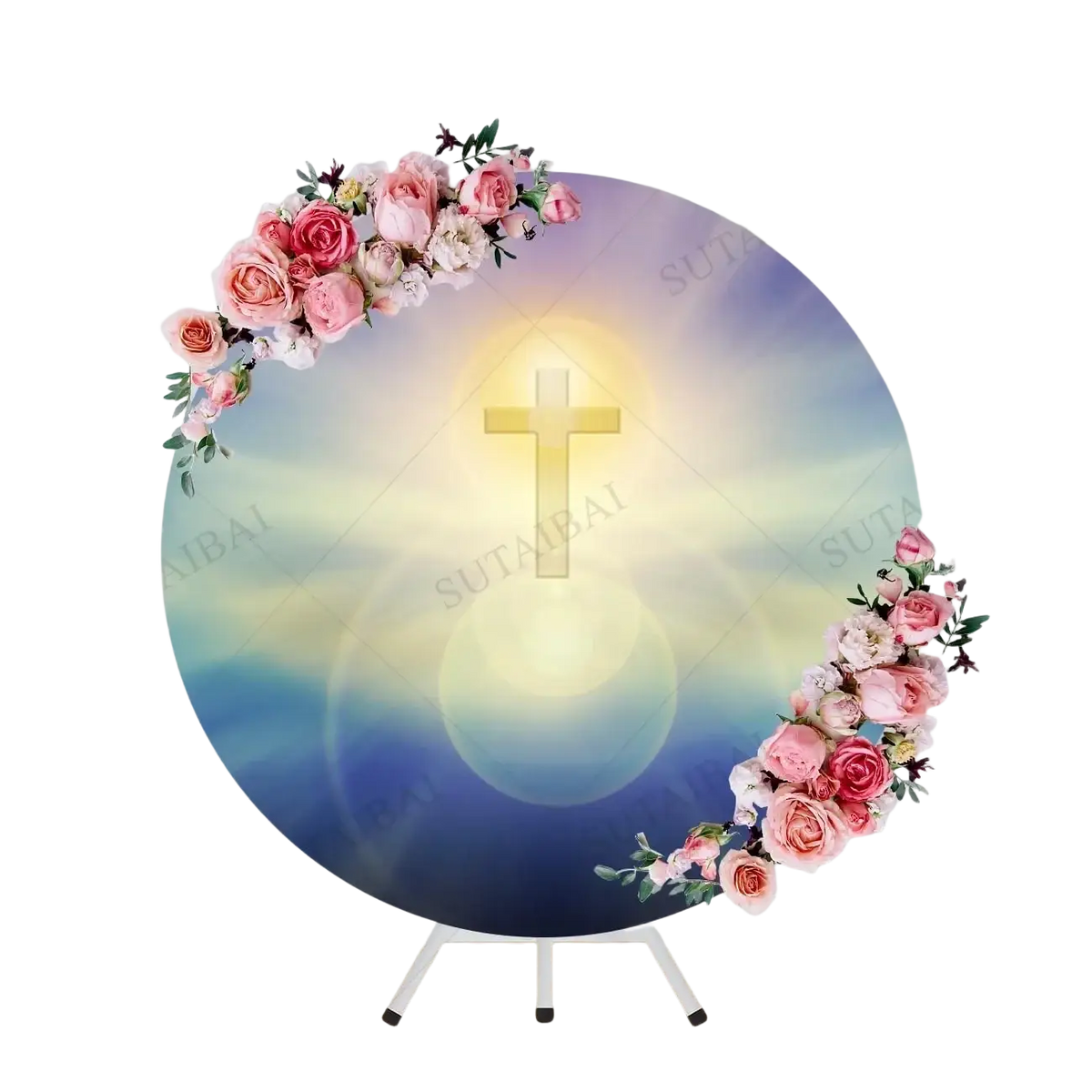 Easter he is risen round backdrop with golden cross, soft radiant light, and pink roses for resurrection decor