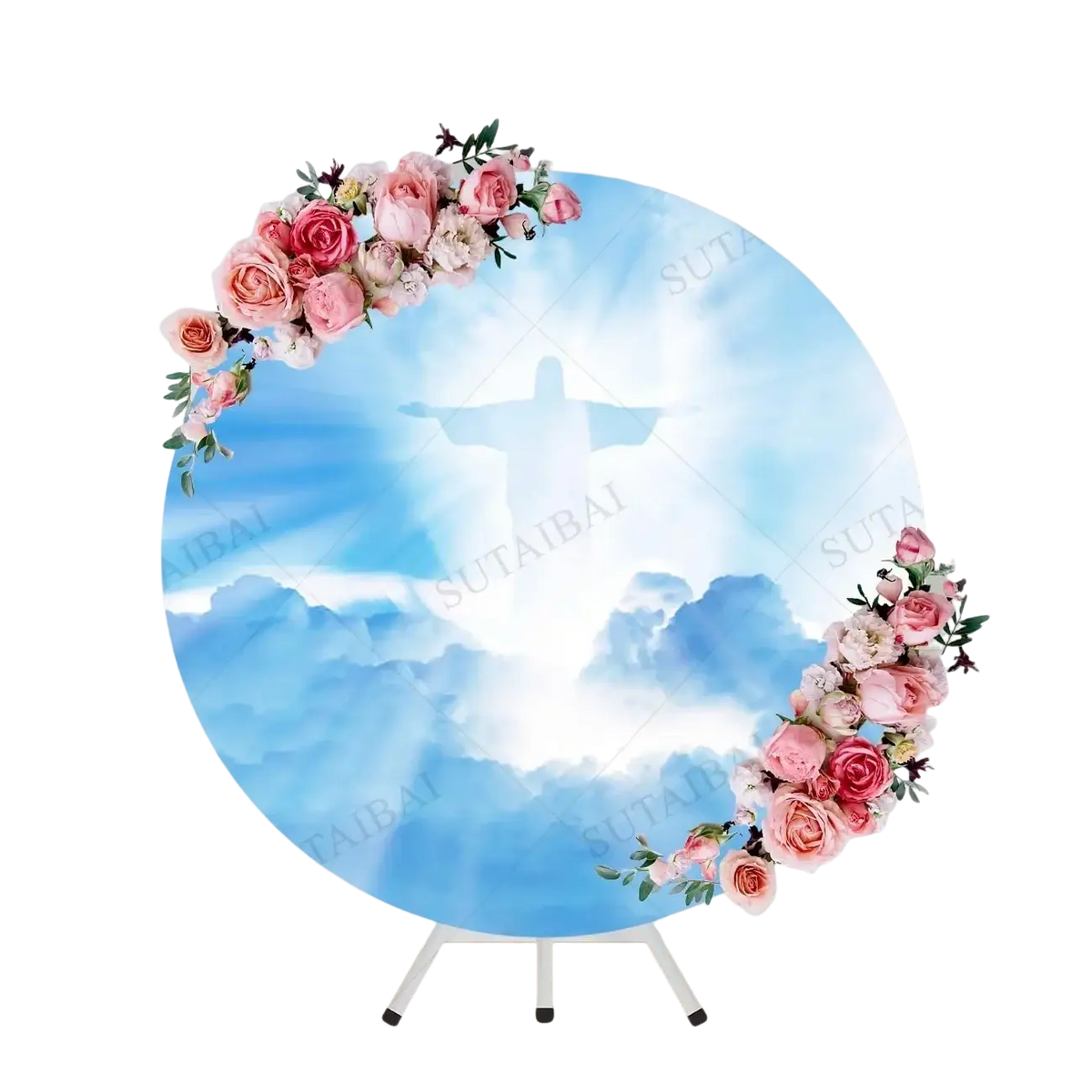 Easter he is risen round backdrop featuring a serene blue sky silhouette of christ framed by an archway of pink roses