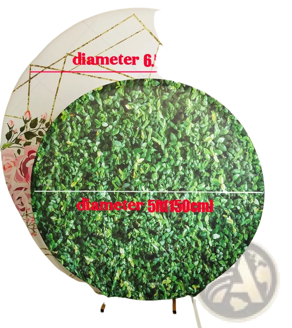 Circular Easter he is risen round backdrop with dense green leafy pattern and gold geometric floral accents on edges