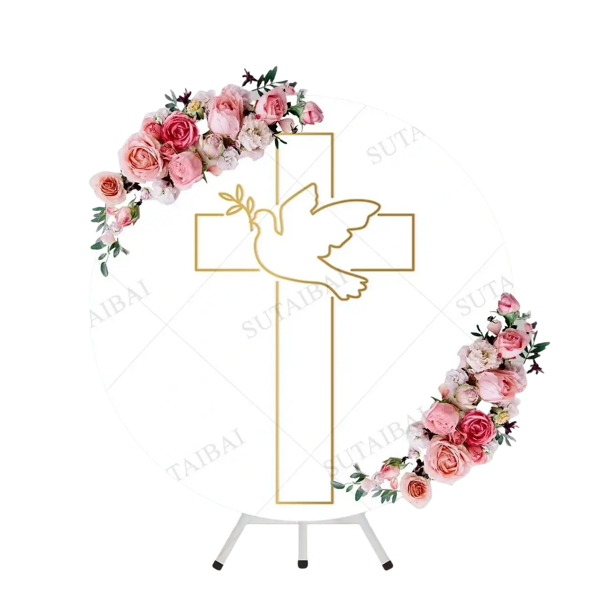 Easter he is risen round backdrop with a white base gold cross and dove silhouette decorated with pink and peach roses