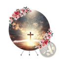 Easter he is risen round backdrop featuring a cross over an open book with pink and white roses against a sky