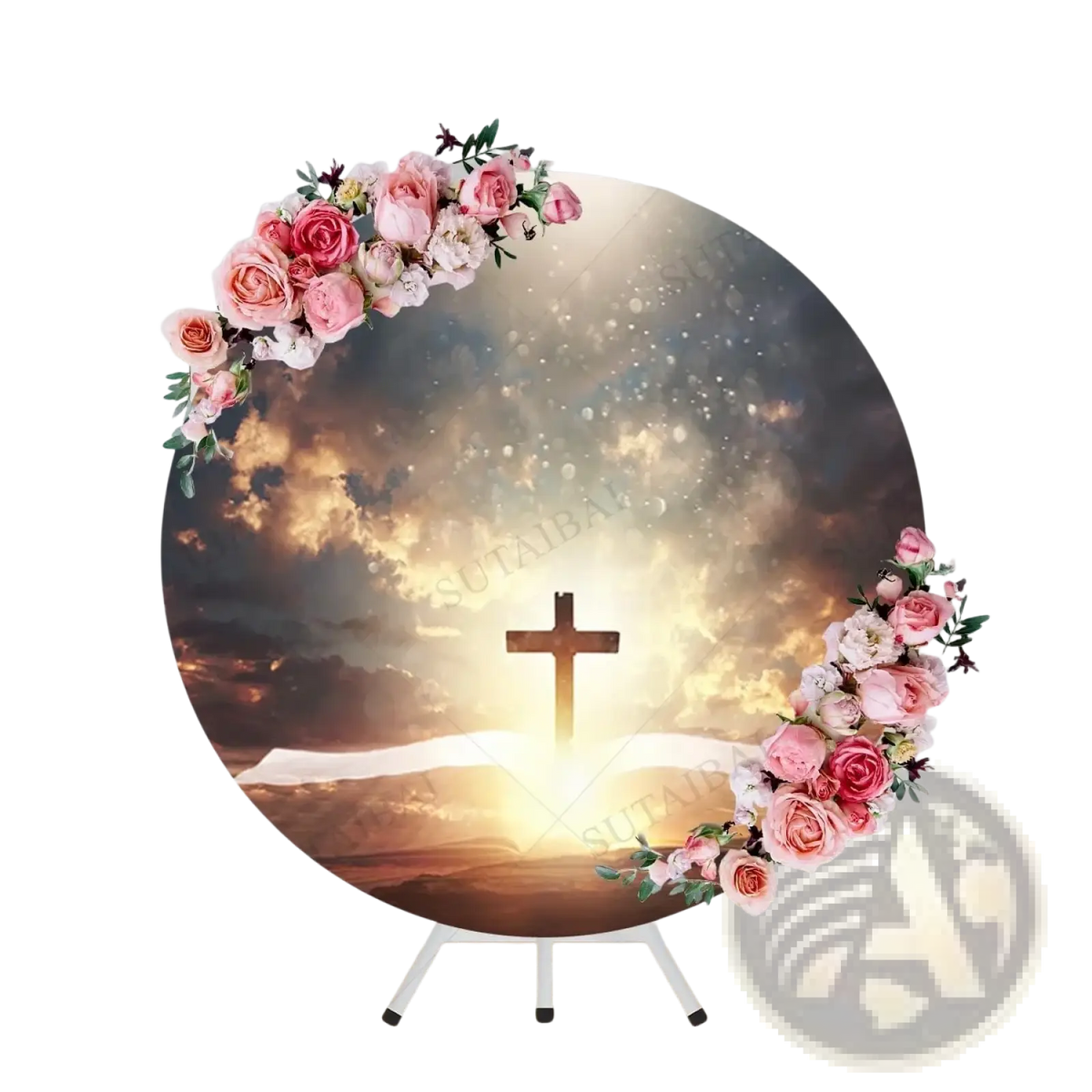 Easter he is risen round backdrop featuring a cross over an open book with pink and white roses against a sky