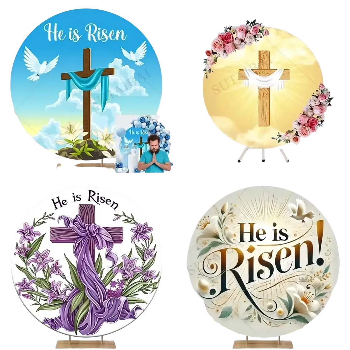 Elegant circular Easter he is risen round backdrop resurrection lily with crosses, floral arrangements, ribbons, and doves