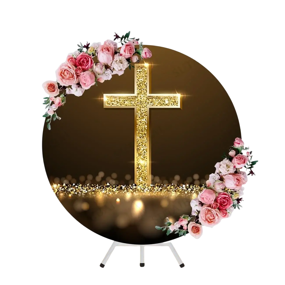 A glittering gold cross on a circular backdrop decorated with pink and white roses Easter he is Risen Resurrection Lily