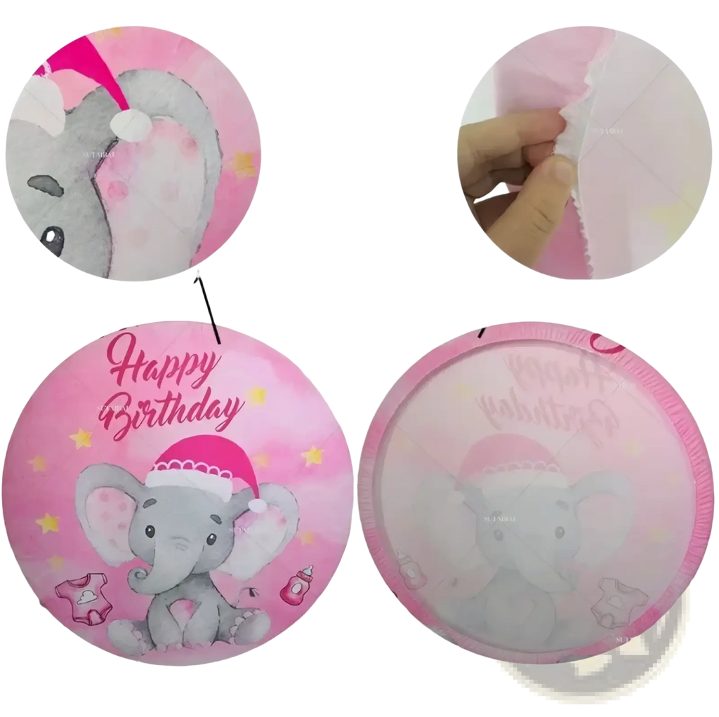 Pink circular birthday balloon with gray elephant in santa hat and yellow stars for easter he is risen backdrop