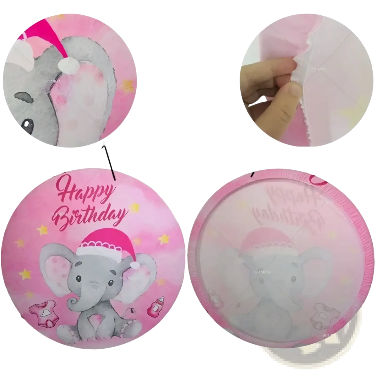 Pink circular birthday balloon with gray elephant in santa hat and yellow stars for easter he is risen backdrop