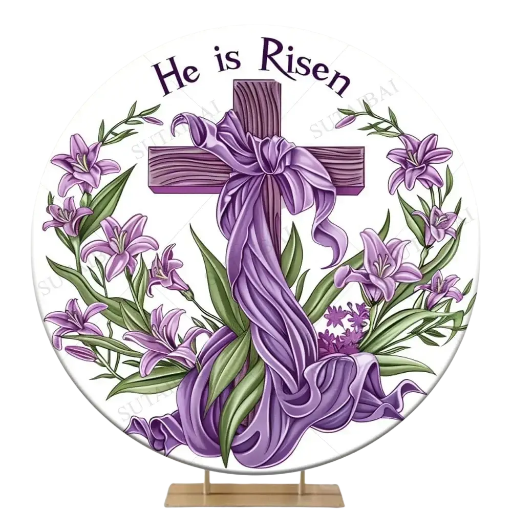 Purple lily wreath decorative round plaque with wooden cross and he is risen phrase for easter resurrection decor