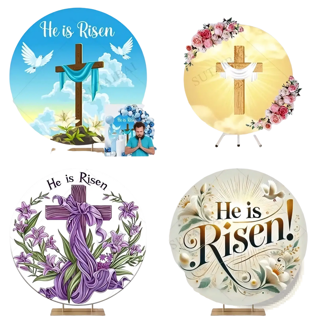 Easter he is risen round backdrop with wooden cross floral arrangements and dove imagery in various color schemes