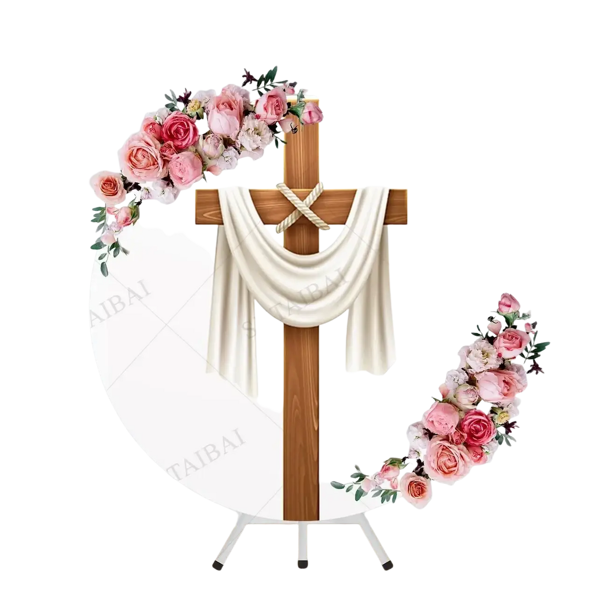 Wooden cross easter he is risen round backdrop with cream fabric drape and pink roses for resurrection decor