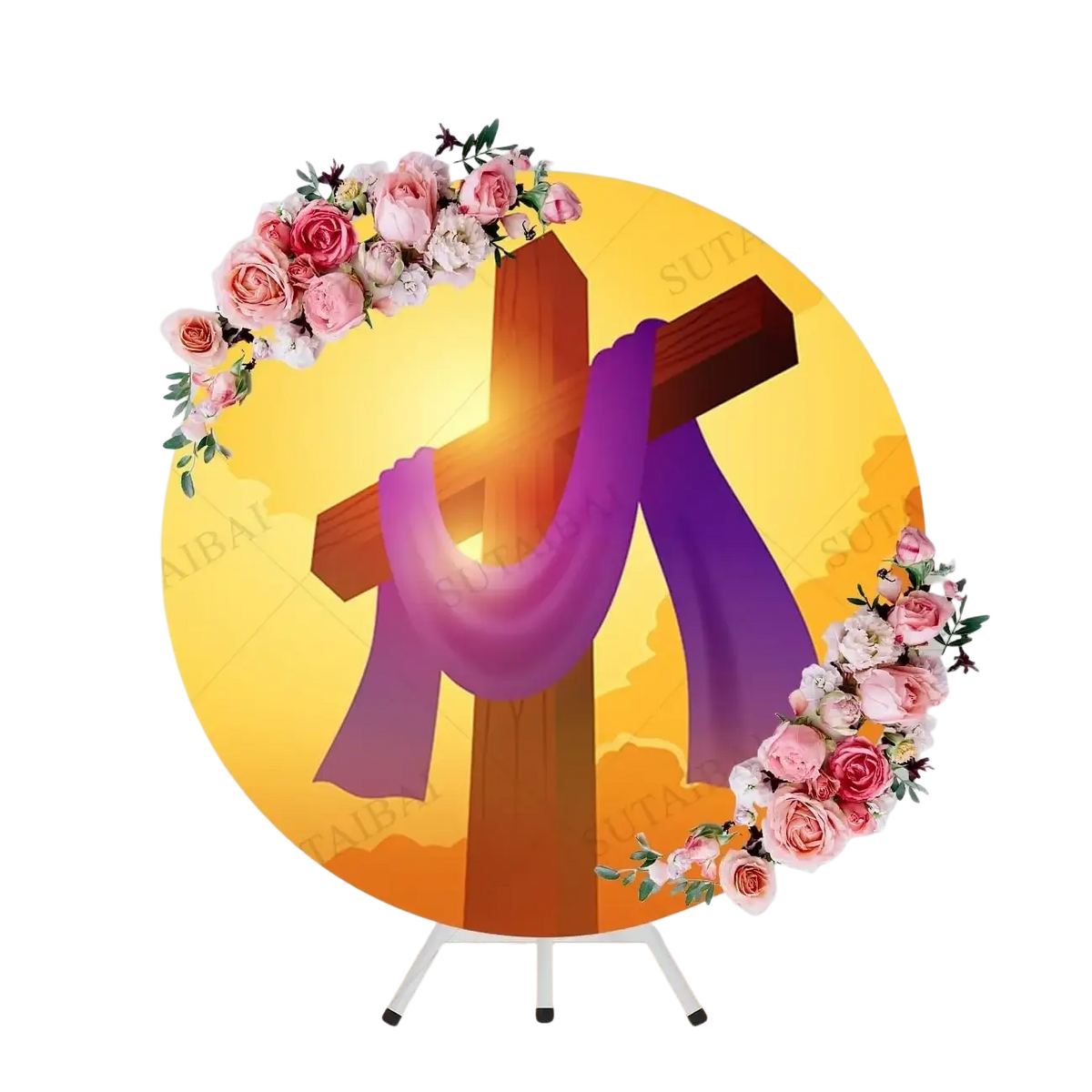 Wooden easter cross adorned with flowing purple fabric and pink roses on radiant yellow round resurrection backdrop