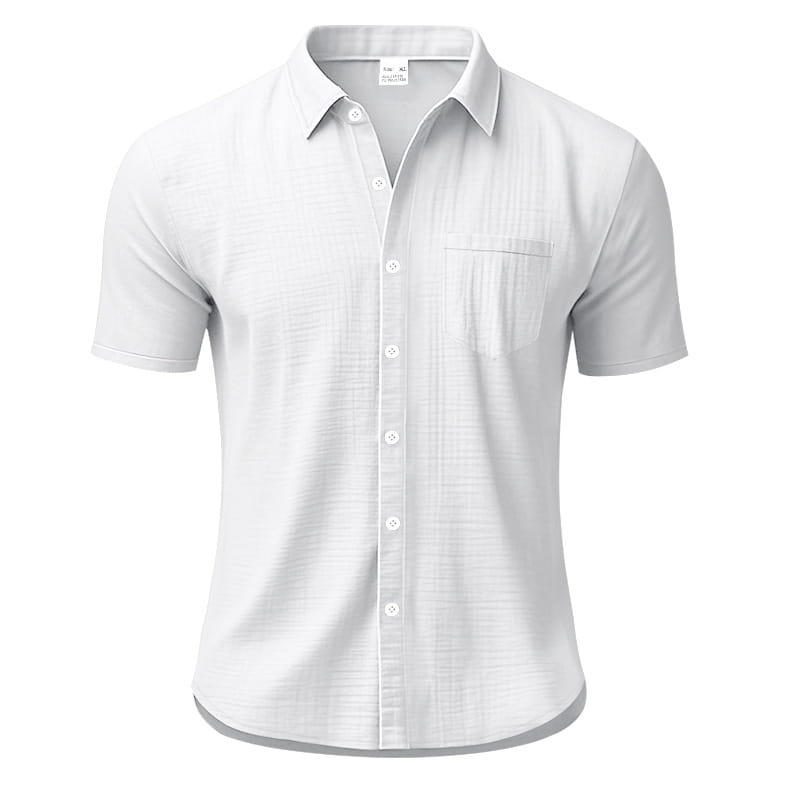 Herren-Leinenhemd mit kurzen Ärmeln, einfarbiges Freizeit-Button-down in Weiß, mit dezent strukturierter Stoffoberfläche und Brusttasche.