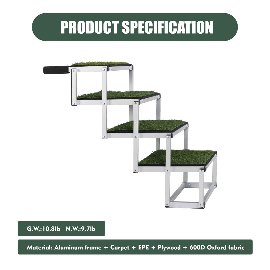 Silver aluminum foldable dog ramp with green artificial grass steps designed for cars and SUVs with a 250lb capacity