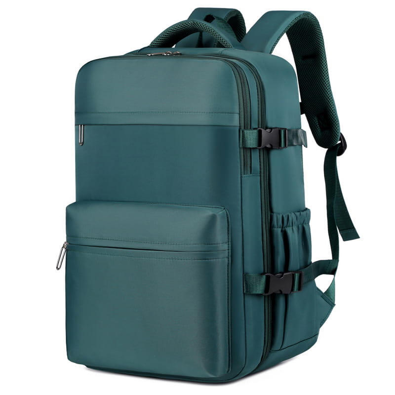 Mochila turquesa de nailon con compresión al vacío para laptop de 15 pulgadas y 35 L, con correas de cincha negras y cierres con hebilla.
