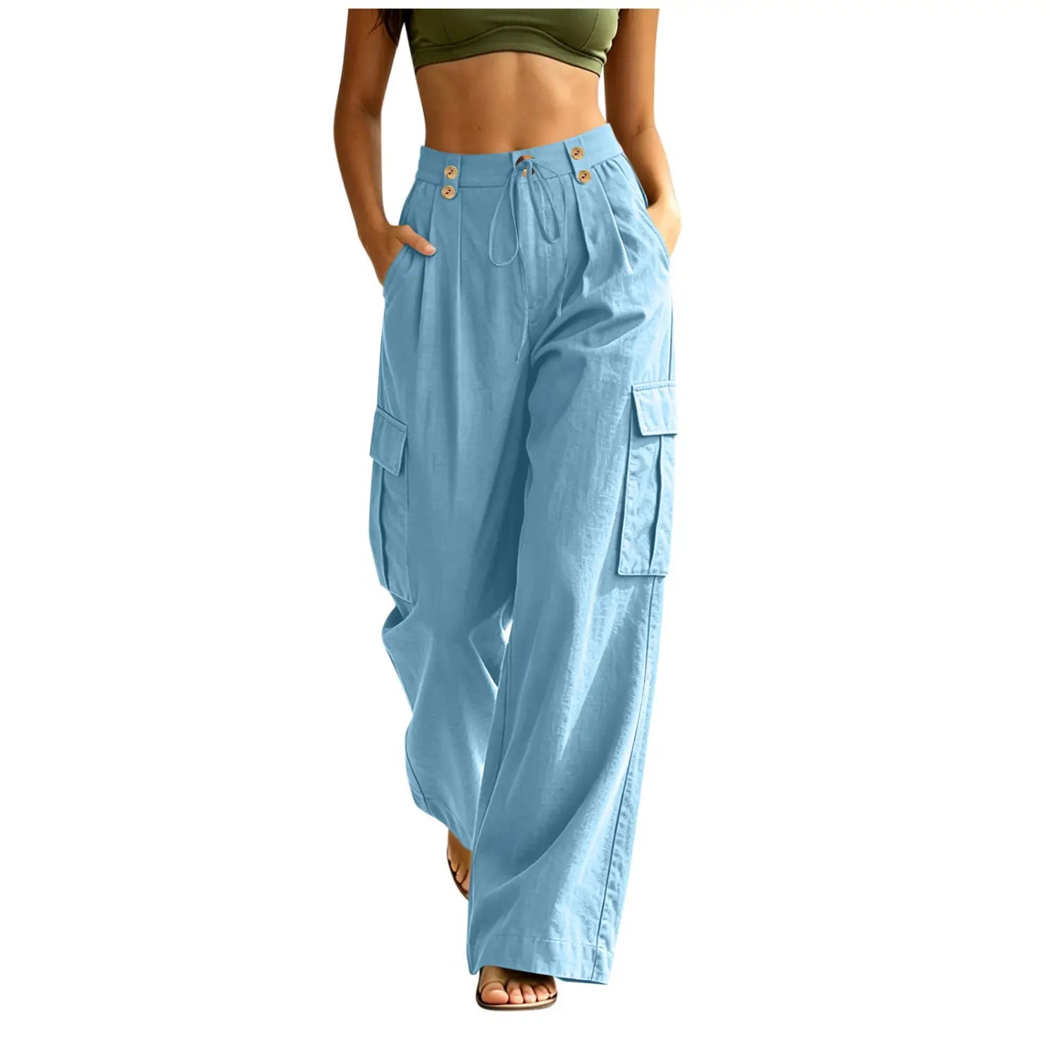 Pantalons cargo en coton bleu clair taille haute pour femmes avec taille à cordon élastique et grandes poches latérales, pour des tenues décontractées.
