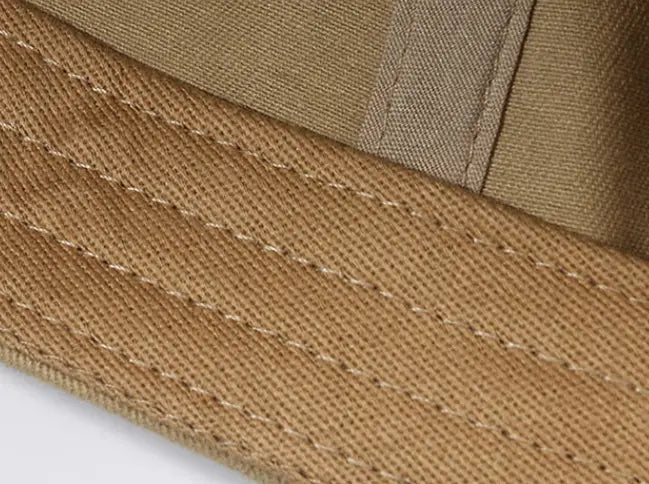 Men outdoor baseball cap sun protection featuring a tan canvas brim with reinforced stitching and a matching fabric strap on the back side.