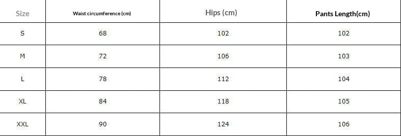 The table displays size measurements including waist circumference hip width and pant length for high waisted wide leg trousers from size s to xxl.