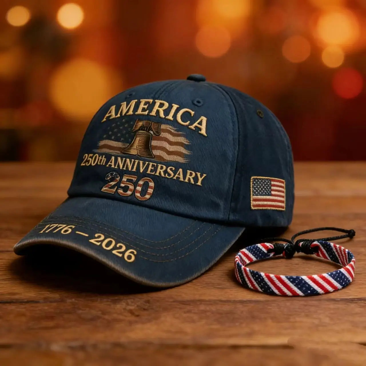 Dark blue embroidered baseball cap featuring gold stitching with america 250th anniversary text, liberty bell design over an American flag, and years 1776 to 2026, labeled usa 250th anniversary embroidered baseball cap.
