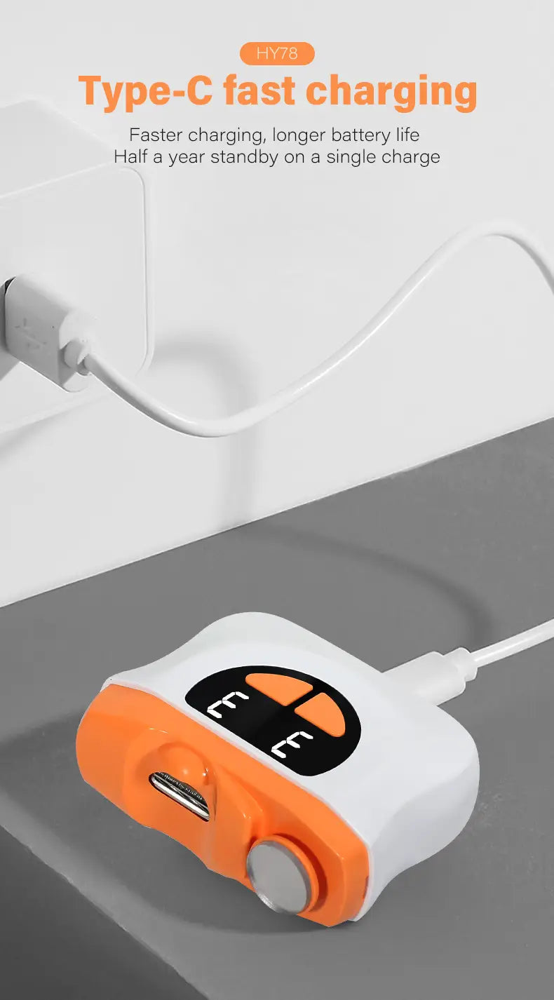 white and orange type-c fast charging adapter with sleek compact design and black control buttons for electric nail clippers with led display and trimmer