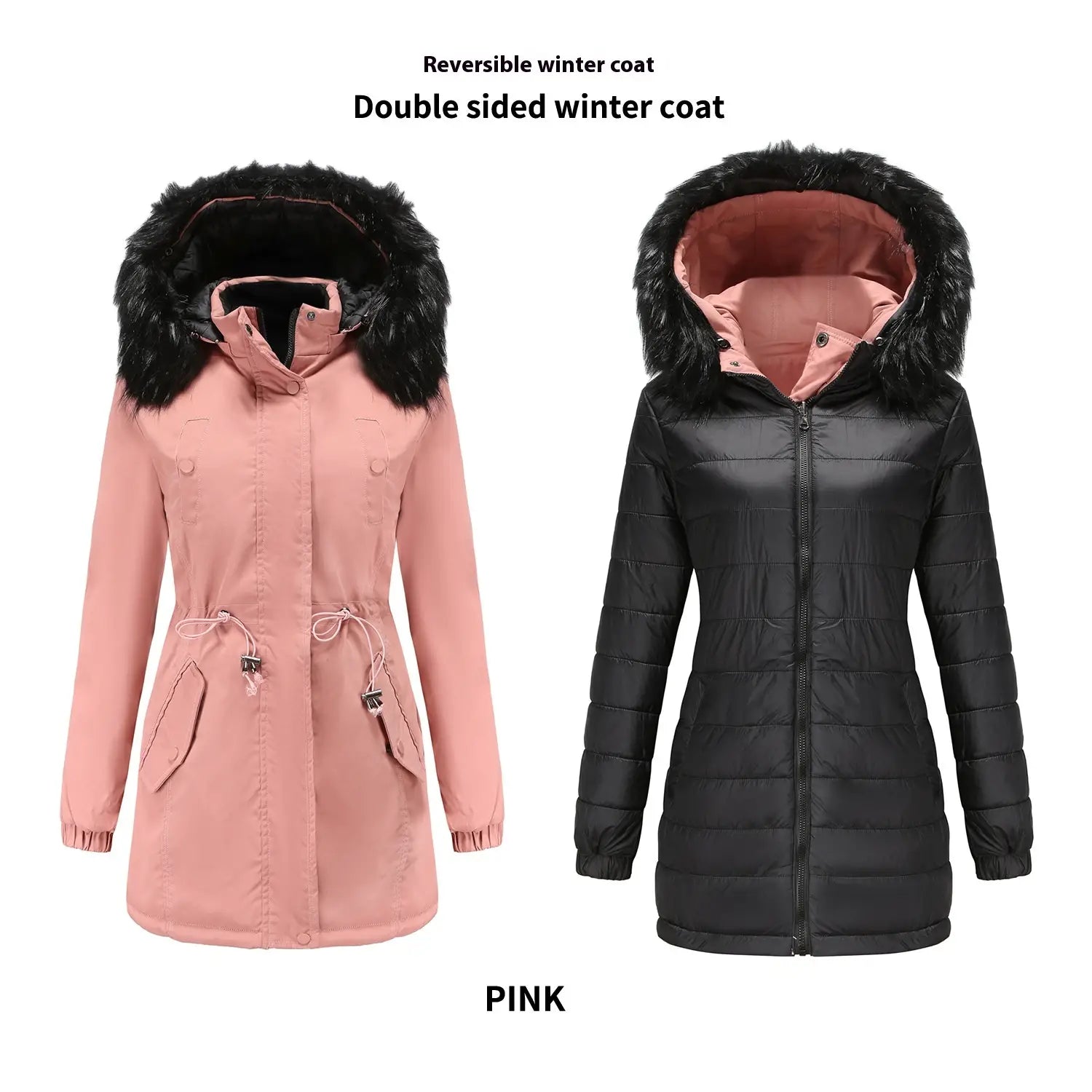 reversible fur collar quilted parka with plush black fur-lined hood featuring one side in soft pink fabric and the other in sleek black quilted material.