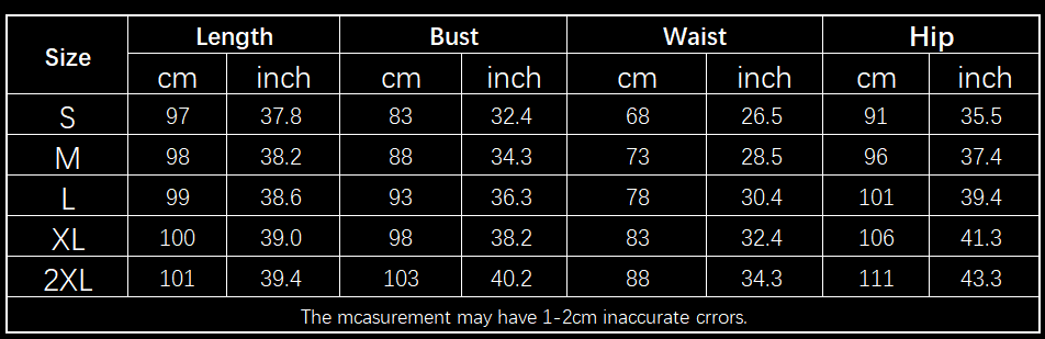 Size chart table displaying measurements in centimeters and inches for slim fit square neck denim midi dress with side slit in sizes S through 2XL.