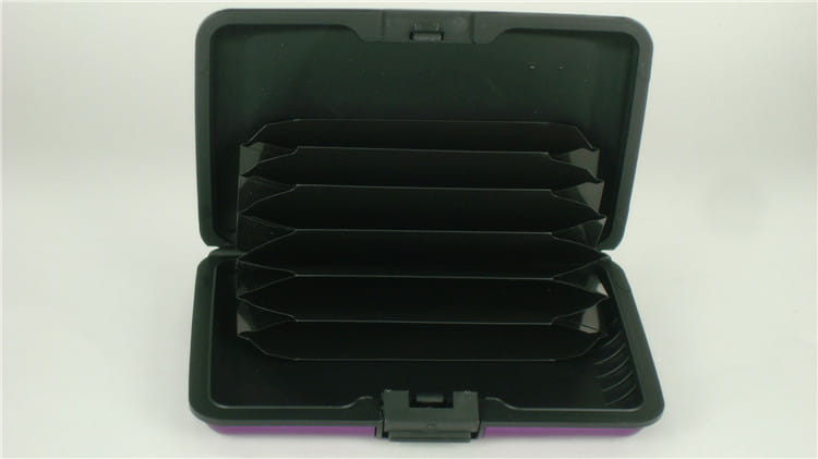 Black plastic rfid blocking aluminum alloy ribbed card holder case with purple accent and multiple compartments for organizing cards.