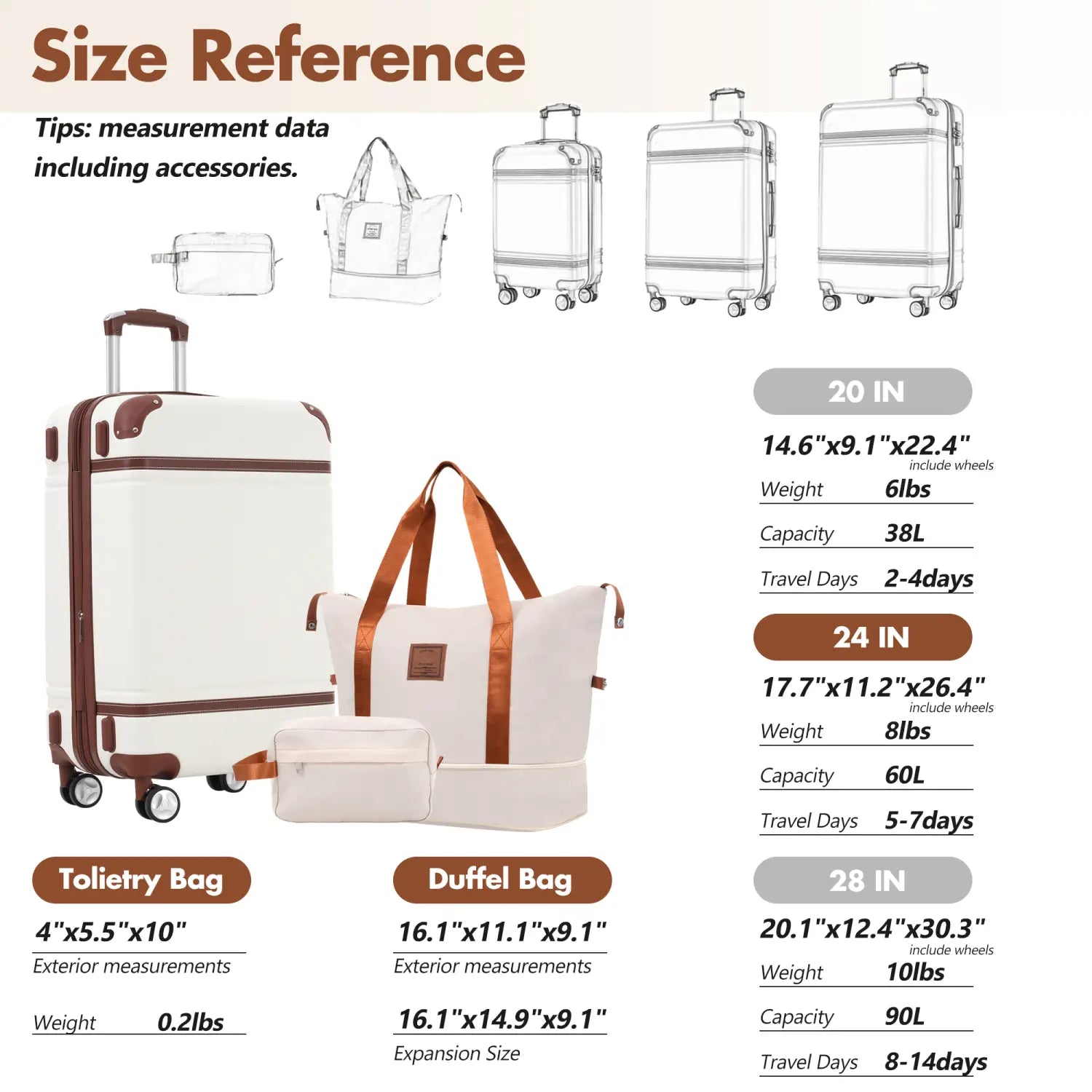 Cream-colored vintage 24 inch hardshell luggage set with brown leather trim wheels and tsa lock in white.