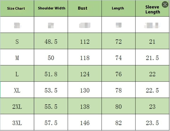 Grüner Tisch mit Größentabelle, die Messungen in Zentimetern für Schulterbreite, Brustlänge und Ärmellänge eines Herren-Muscle-Fit-Poloshirts zeigt