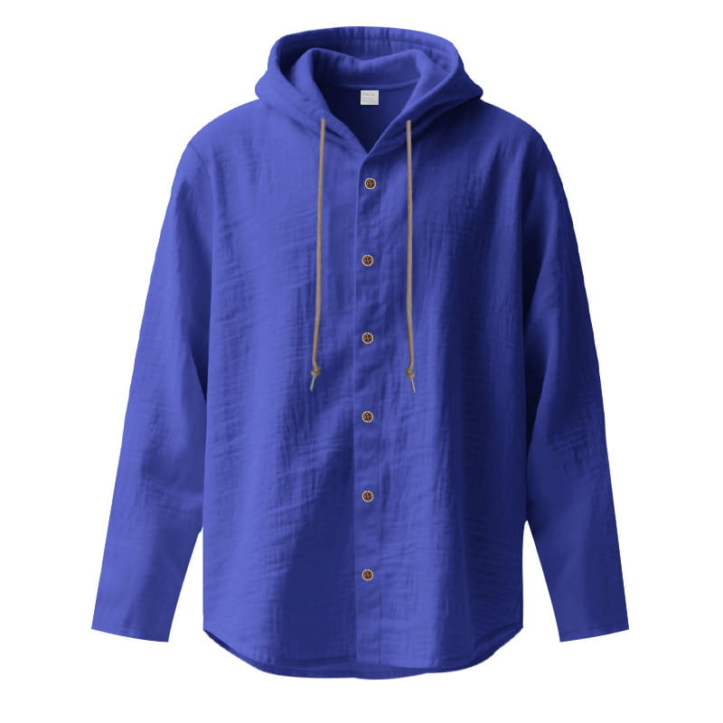 Men linen hooded cardigan shirt in vibrant royal blue with beige drawstrings and subtle texture shown from the front.