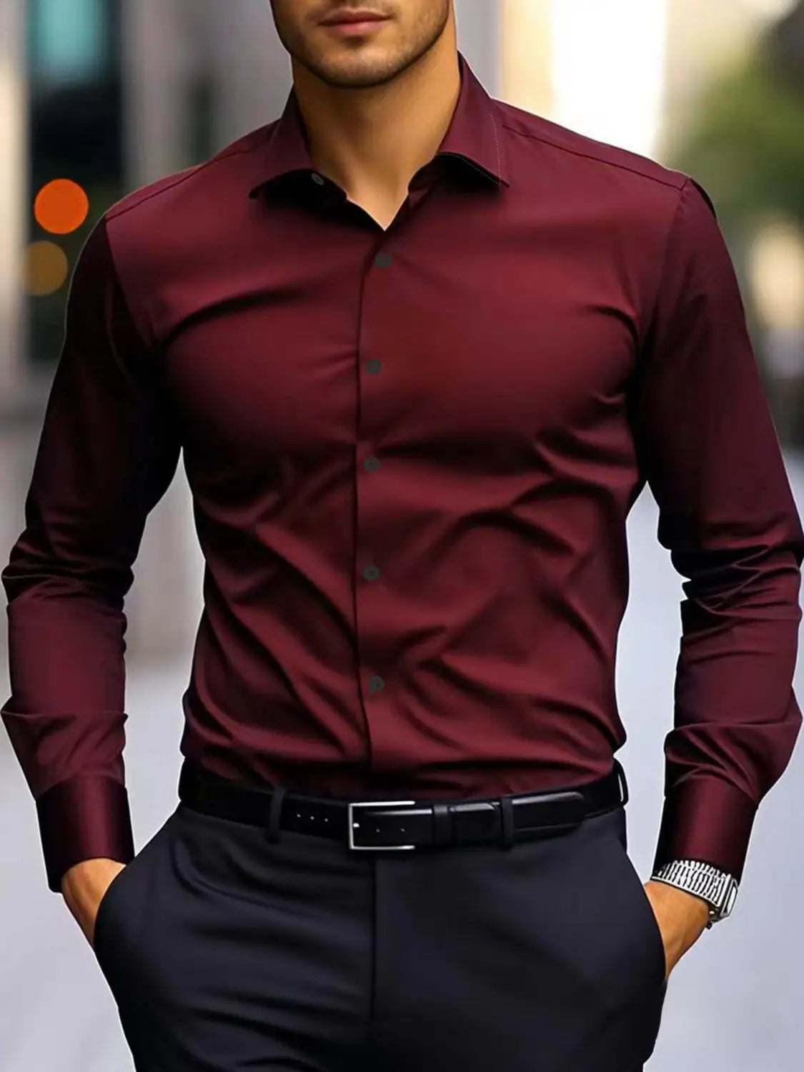 Ein elegantes business-taugliches Hemd für Herren in Weinrot mit langen Ärmeln, klassischem Kragen und Knopfleiste zum Durchknöpfen.