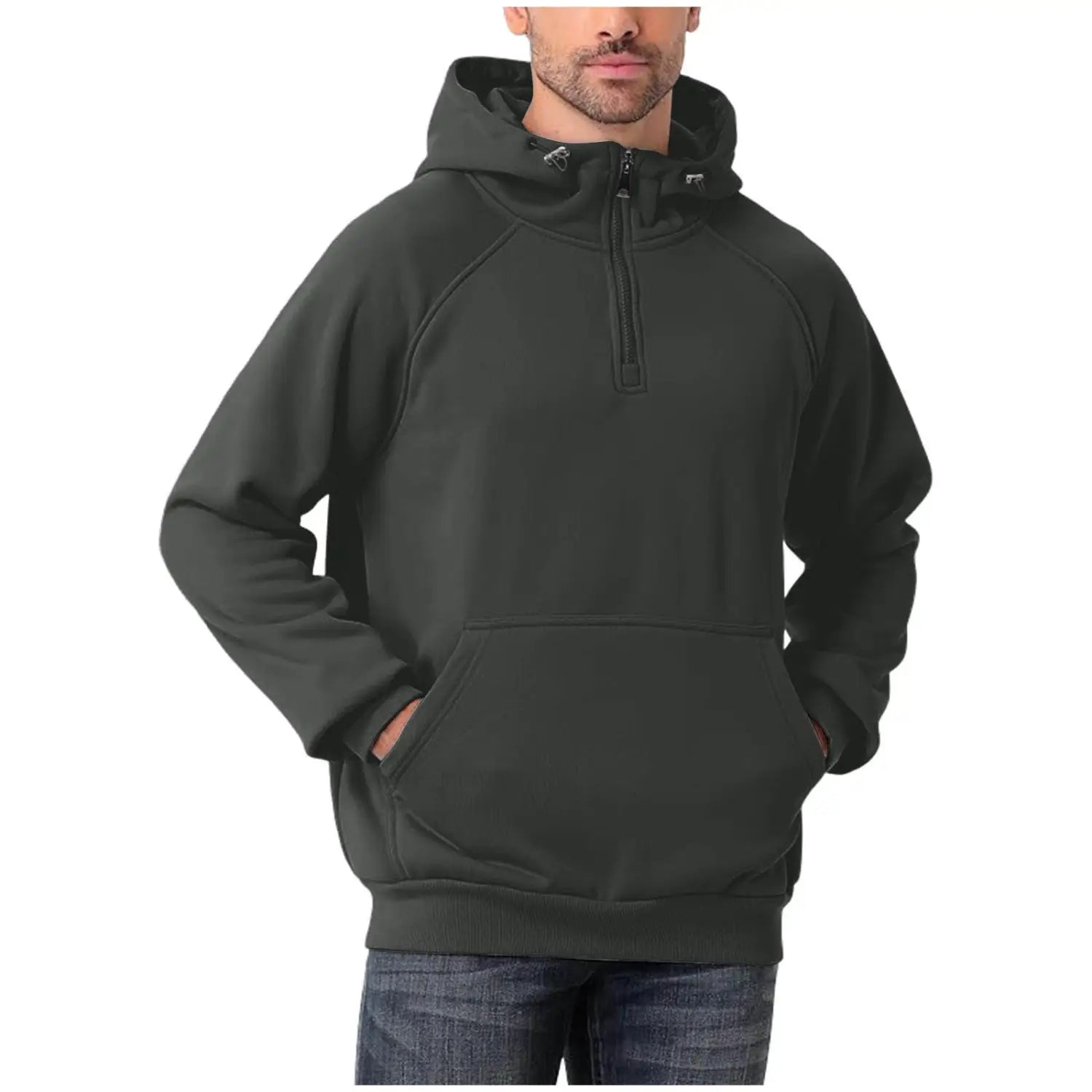Herren-Casual Multi-Farben Half-Zip-Pulloverhoodie in Dunkelgrau mit Kapuze, Fronttasche, gerippten Bündchen und Half-Zip-Design.