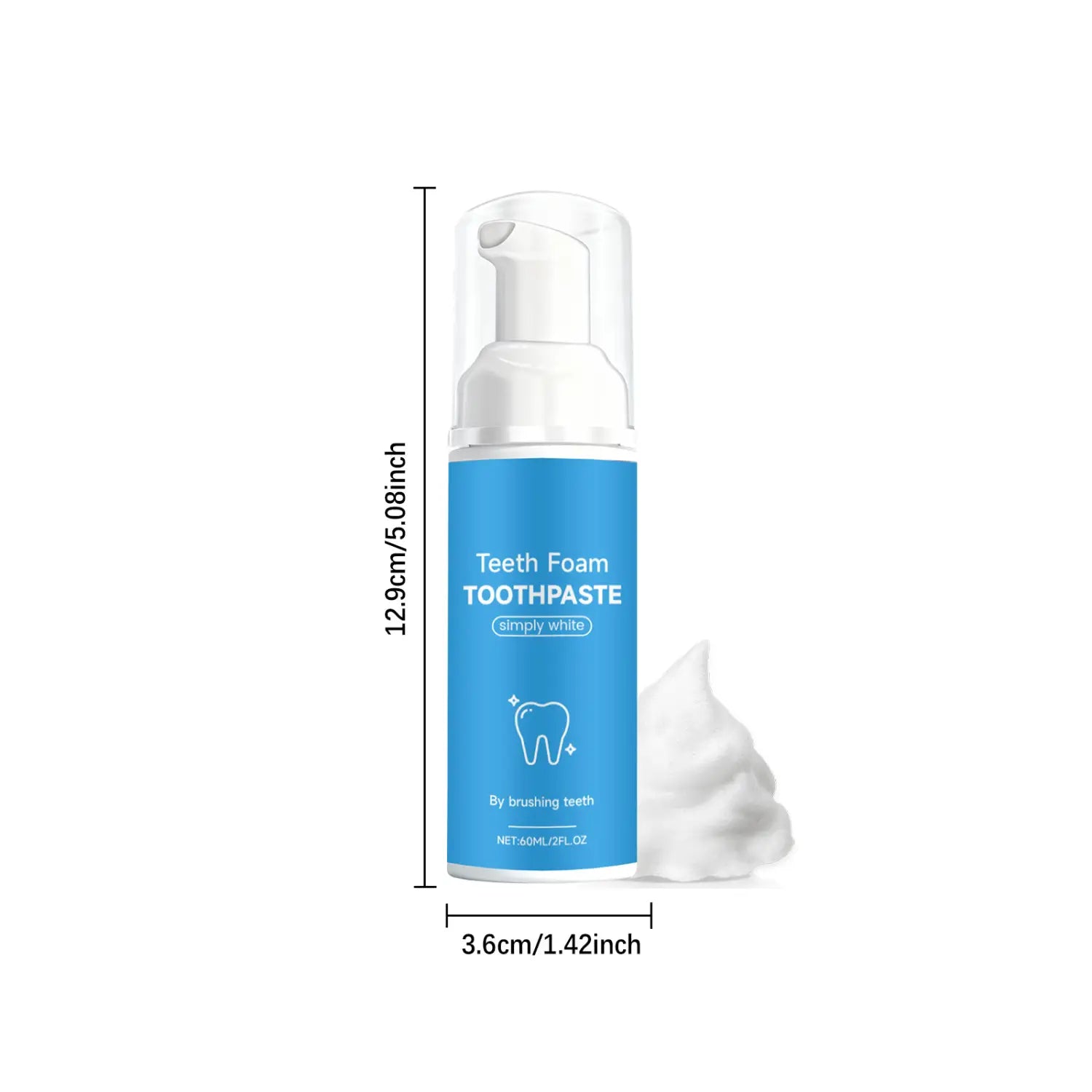 a sleek blue bottle of foam toothpaste simply white mousse with a white pump dispenser and a dollop of foamy paste beside it