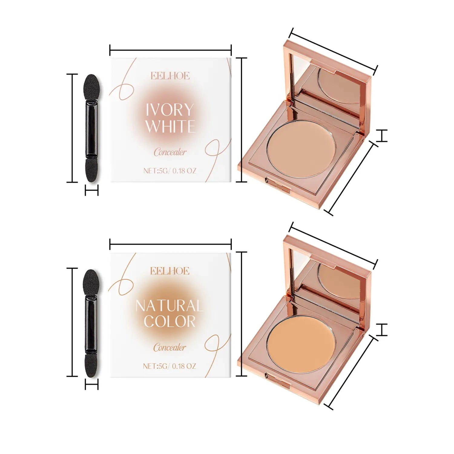 rose gold compact eye concealers for sensitive skin in ivory white and natural shades each paired with a black applicator brush offering creamy coverage.