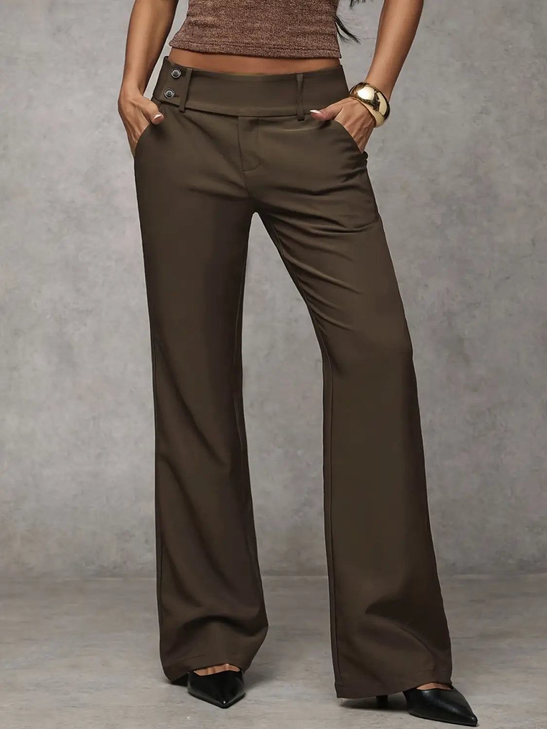 Brown high-waisted casual wide leg trousers featuring a buttoned belt loop detail for work and everyday wear.