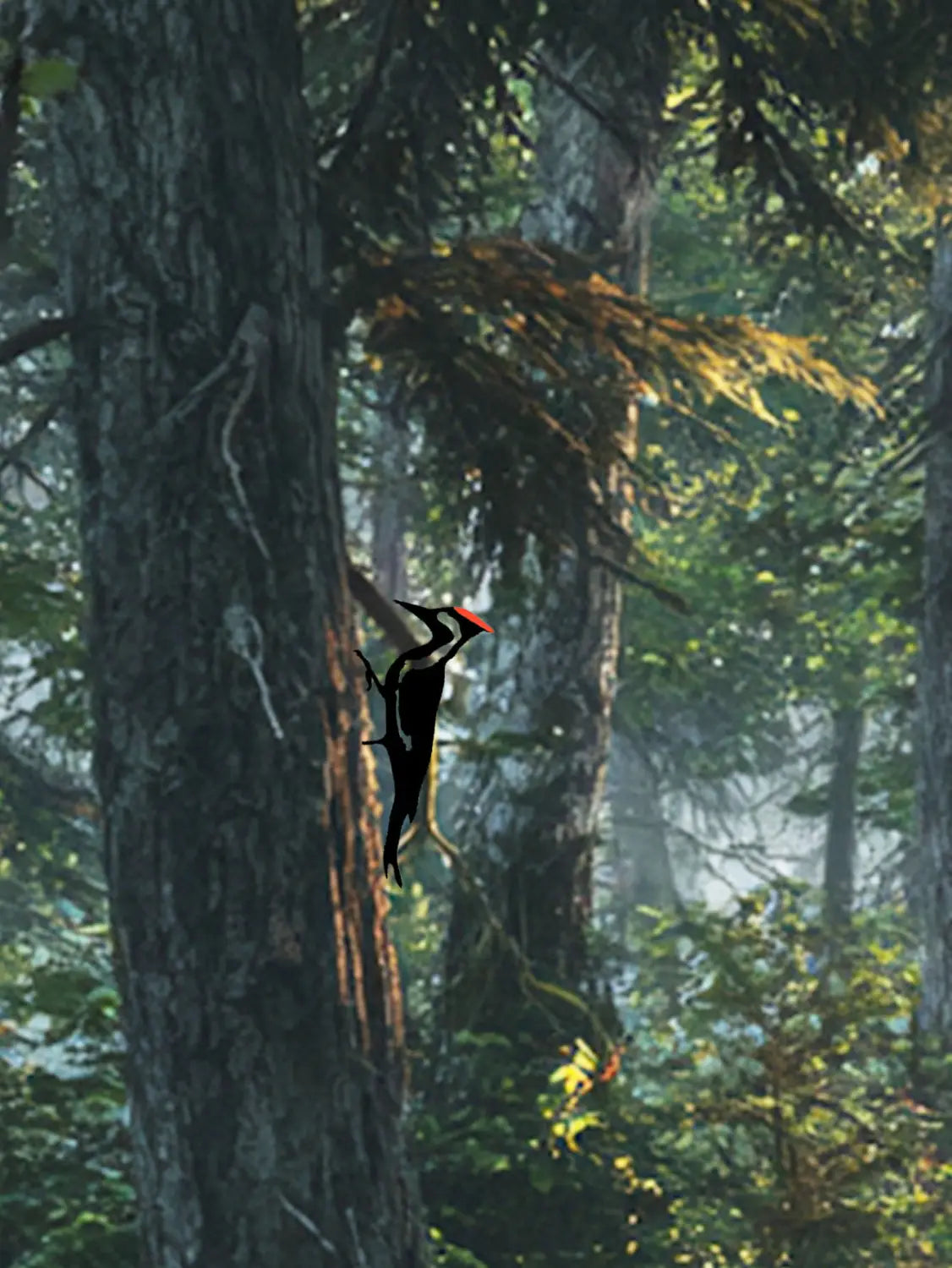 metal woodpecker wall art featuring a black woodpecker with a bright red beak perched on a tree trunk in a misty forest for outdoor garden decor.