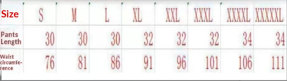 Size chart for mens shiny metallic casual shorts showing pants measurements in inches from size s to xxxxxl.
