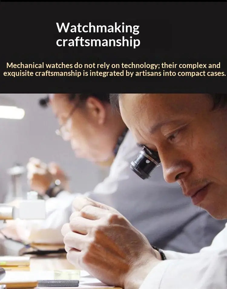 A watchmaker wearing a magnifying glass is focused on assembling a men’s barrel skeleton automatic mechanical sport watch.