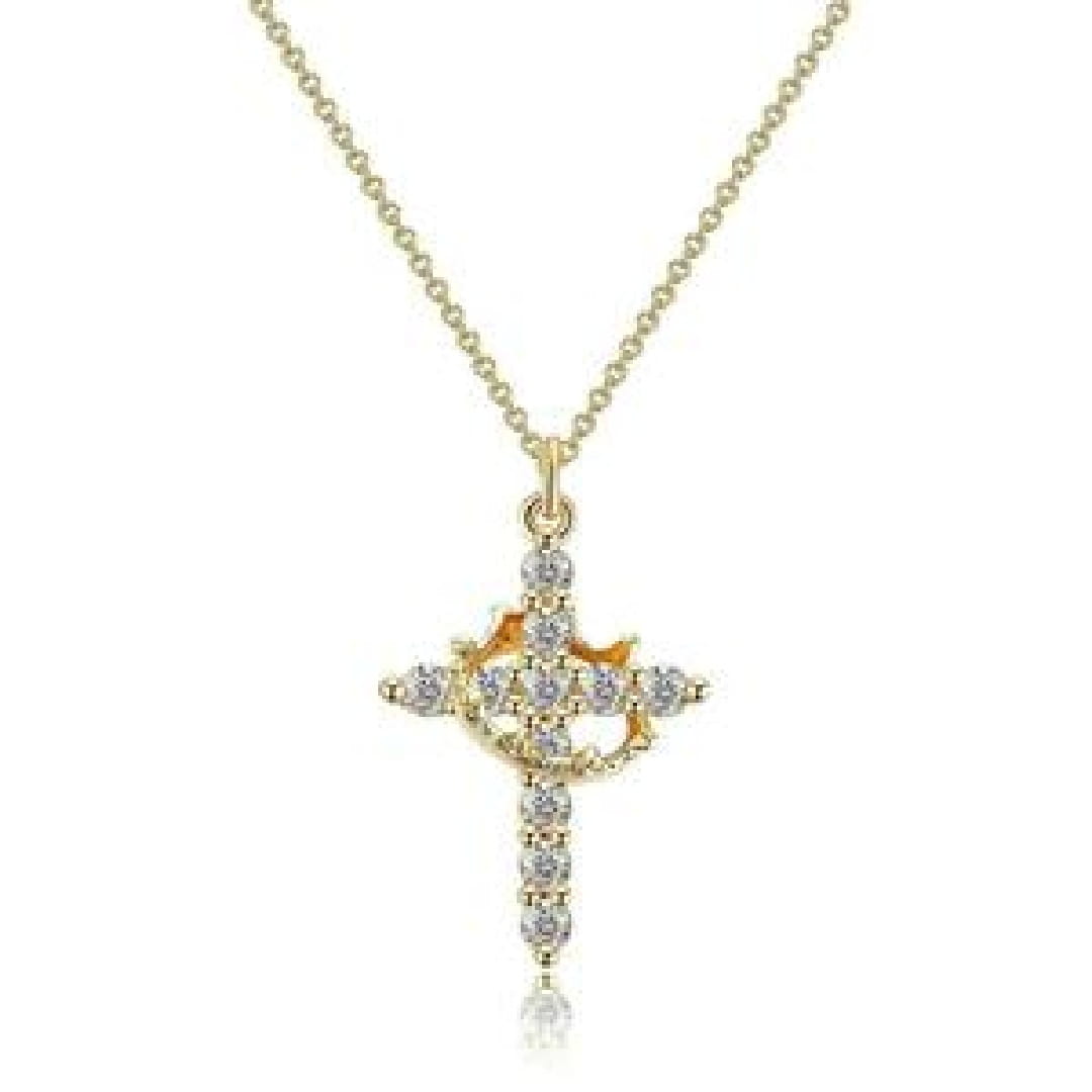 Gold cross pendant necklace adorned with clear cubic zirconia stones from the sparkling layered crown and cross pendant necklace collection.
