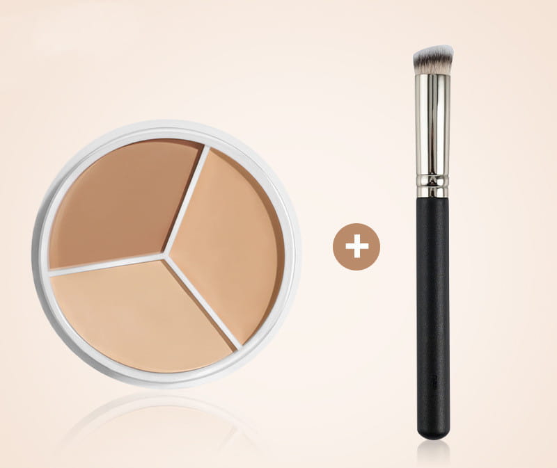A round white-cased three-color concealer palette featuring three distinct beige-toned shades separated by clean lines for professional makeup application with pro 270 brush.
