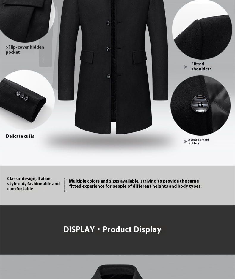 Men woolen overcoat with quilted lining in black featuring a classic Italian-style cut fitted shoulders and subtle button detailing.