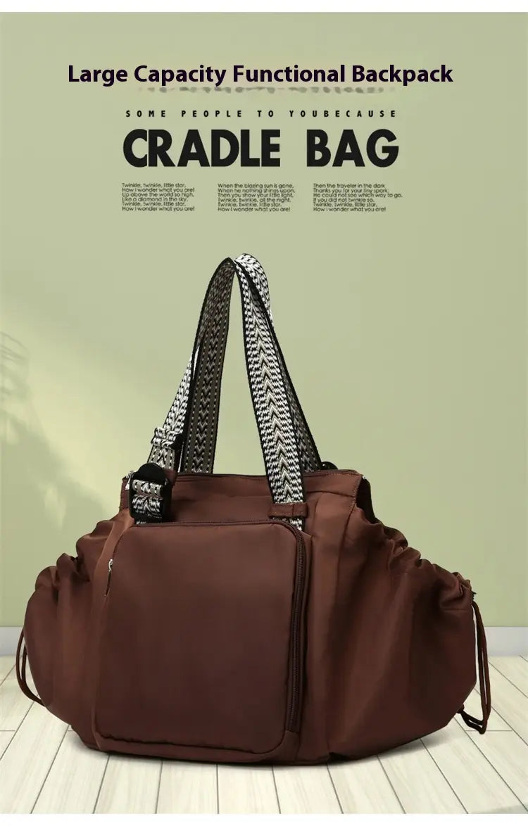 Brown canvas cradle bag with black and white patterned shoulder straps multifunctional waterproof nylon fashion tote and backpack.
