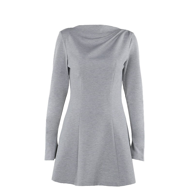 a sleek heather gray slim fit long sleeve a line flared dress with a draped neckline made from soft fabric suitable for elegant occasions