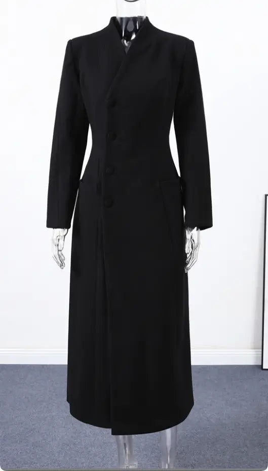Black wool coat with a classic double-breasted design and notched collar featured in charcoal gray wool coat women waisted long outerwear.