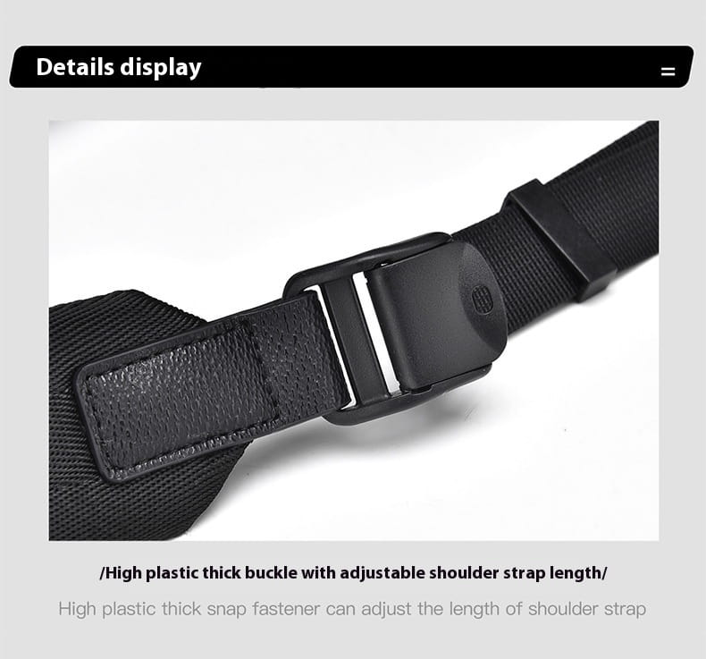 black nylon strap with a high plastic thick buckle for adjustable shoulder length on the back side of a men’s leather business travel backpack with laptop sleeve