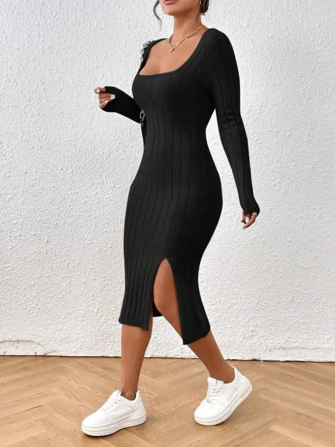 Black ribbed knit midi dress with long sleeves square neckline and a high side slit shown from the back side.