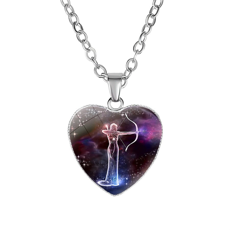 Heart-shaped zodiac celestial heart pendant galaxy constellation necklace with a silver-toned chain and a glossy cosmic-themed charm featuring an archer figure against a starry purple and blue nebula background.