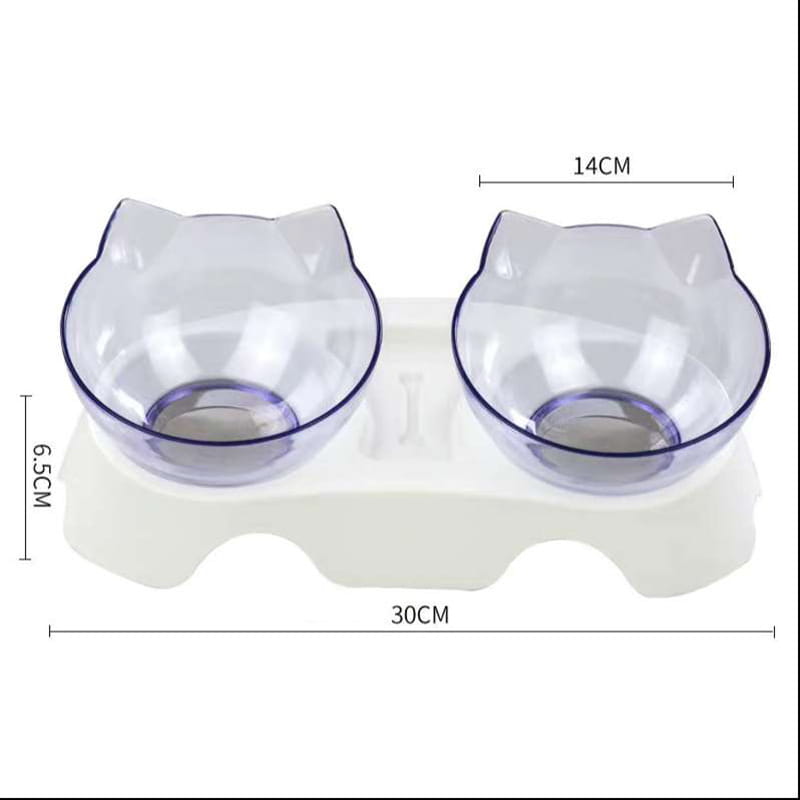 elevated cat bowl tilted 15 degree double feeder stand featuring clear plastic cat-shaped food and water bowls with purple rims on a white base